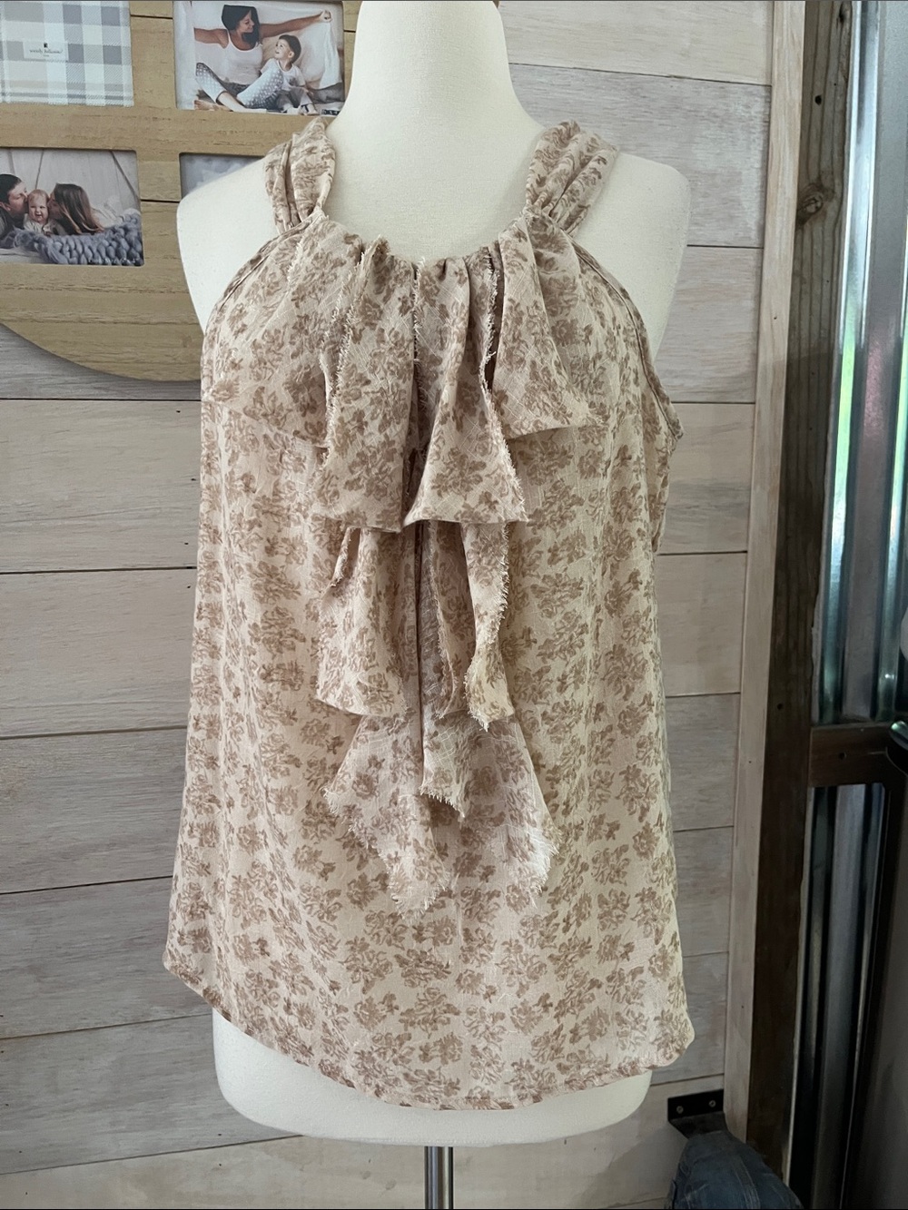 Adiva Beige Floral Ruffle Halter Camisole M